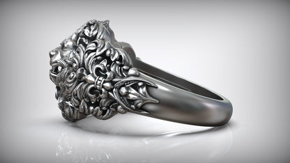 Zyan Gems | Unique Designed Lion Head Ring with Royal Fleur De Lis |  Sterling Silver Oxidized Ring