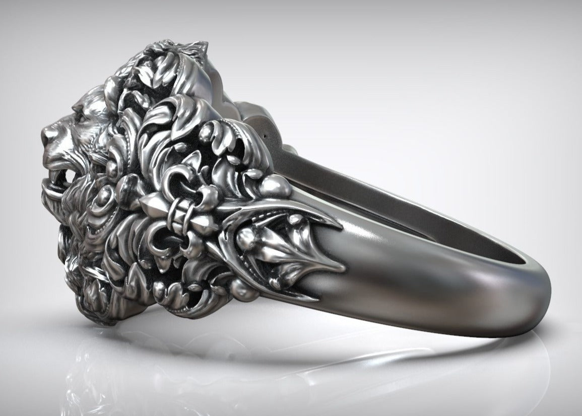 Zyan Gems | Unique Designed Lion Head Ring with Royal Fleur De Lis |  Sterling Silver Oxidized Ring
