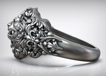 Zyan Gems | Unique Designed Lion Head Ring with Royal Fleur De Lis |  Sterling Silver Oxidized Ring