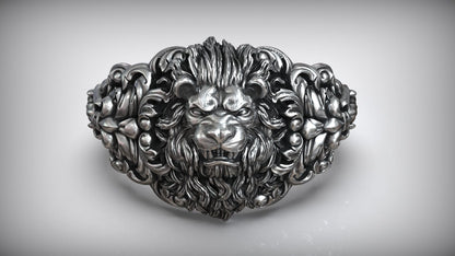 Zyan Gems | Unique Designed Lion Head Ring with Royal Fleur De Lis |  Sterling Silver Oxidized Ring