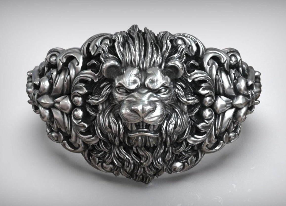 Zyan Gems | Unique Designed Lion Head Ring with Royal Fleur De Lis |  Sterling Silver Oxidized Ring