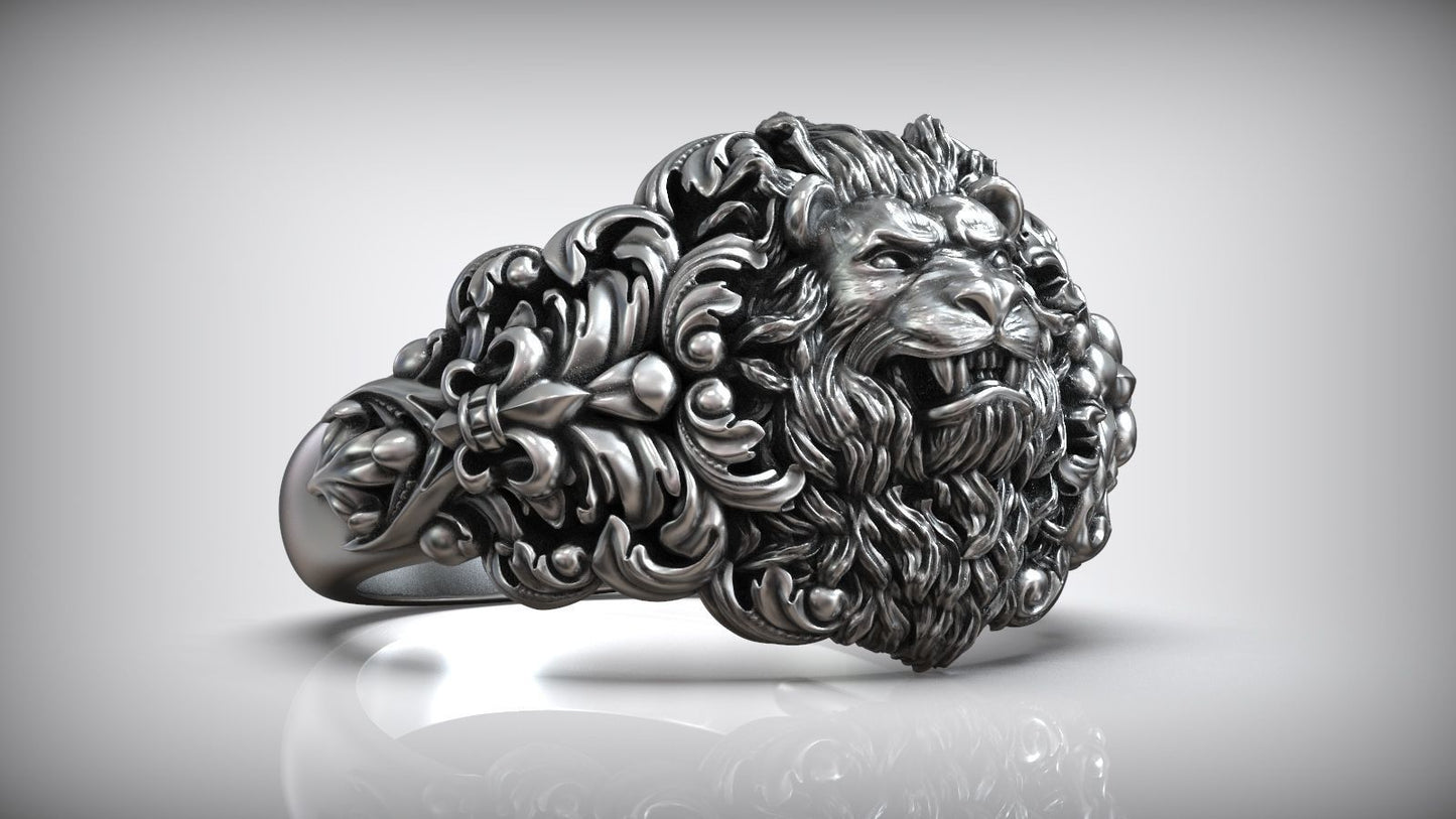 Zyan Gems | Unique Designed Lion Head Ring with Royal Fleur De Lis |  Sterling Silver Oxidized Ring