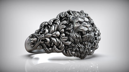 Zyan Gems | Unique Designed Lion Head Ring with Royal Fleur De Lis |  Sterling Silver Oxidized Ring