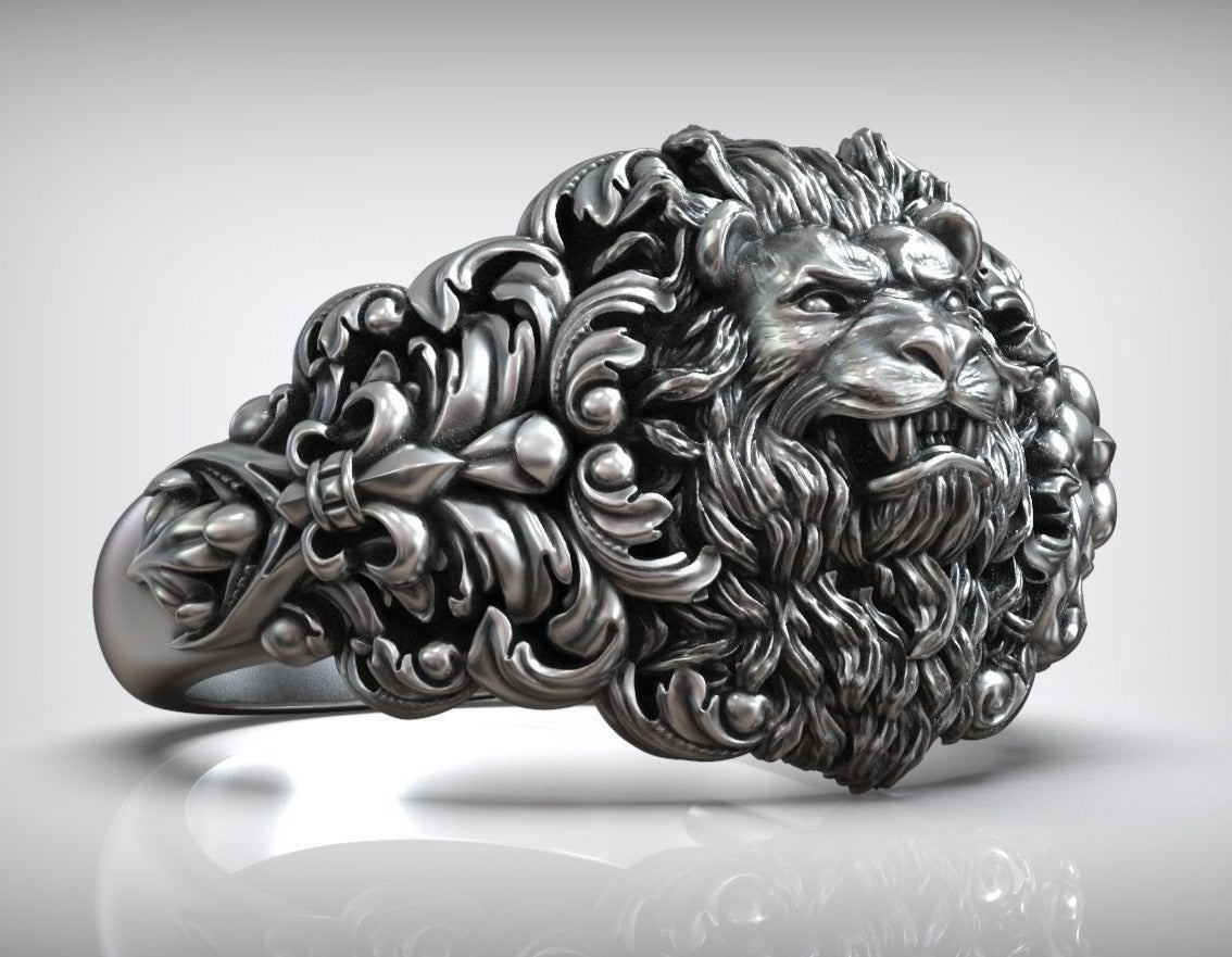 Zyan Gems | Unique Designed Lion Head Ring with Royal Fleur De Lis |  Sterling Silver Oxidized Ring