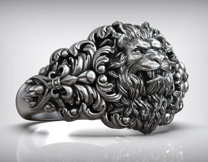 Zyan Gems | Unique Designed Lion Head Ring with Royal Fleur De Lis |  Sterling Silver Oxidized Ring