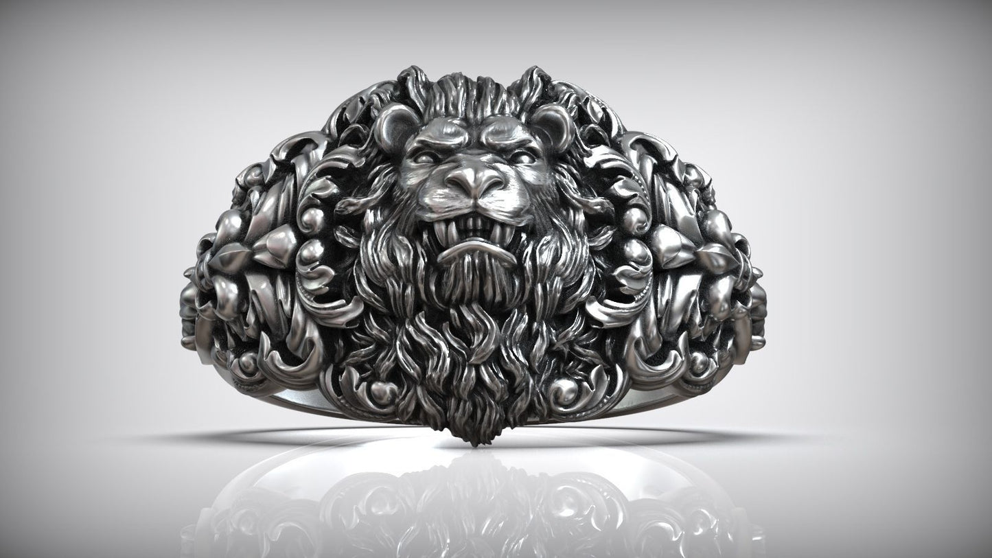 Zyan Gems | Unique Designed Lion Head Ring with Royal Fleur De Lis |  Sterling Silver Oxidized Ring