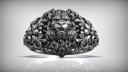 Zyan Gems | Unique Designed Lion Head Ring with Royal Fleur De Lis |  Sterling Silver Oxidized Ring