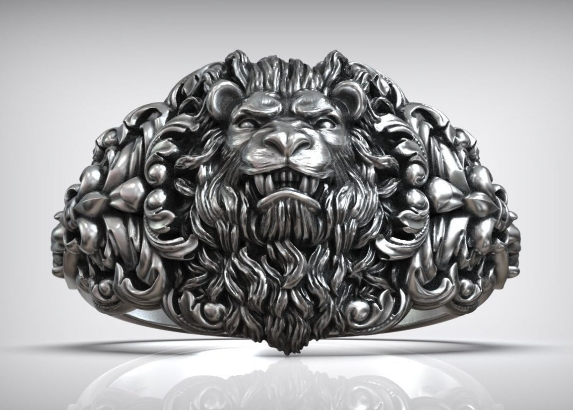 Zyan Gems | Unique Designed Lion Head Ring with Royal Fleur De Lis |  Sterling Silver Oxidized Ring