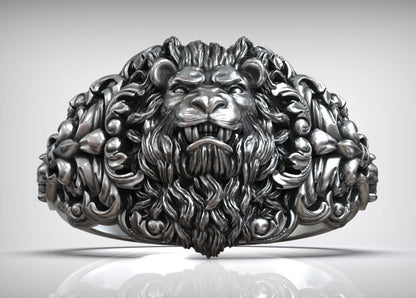 Zyan Gems | Unique Designed Lion Head Ring with Royal Fleur De Lis |  Sterling Silver Oxidized Ring