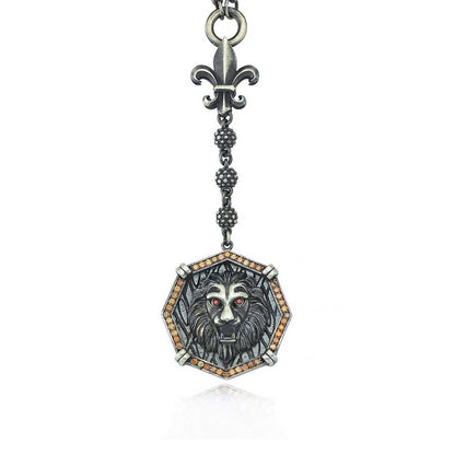 Zyan Gems | Unique Silver Balls & Natural Tiger Eye Beaded Chain Necklace with Lion Head | 925 Sterling Silver Oxidized Pendant with Fleur-de-lis Symbol Jewelry Authenticity and 925