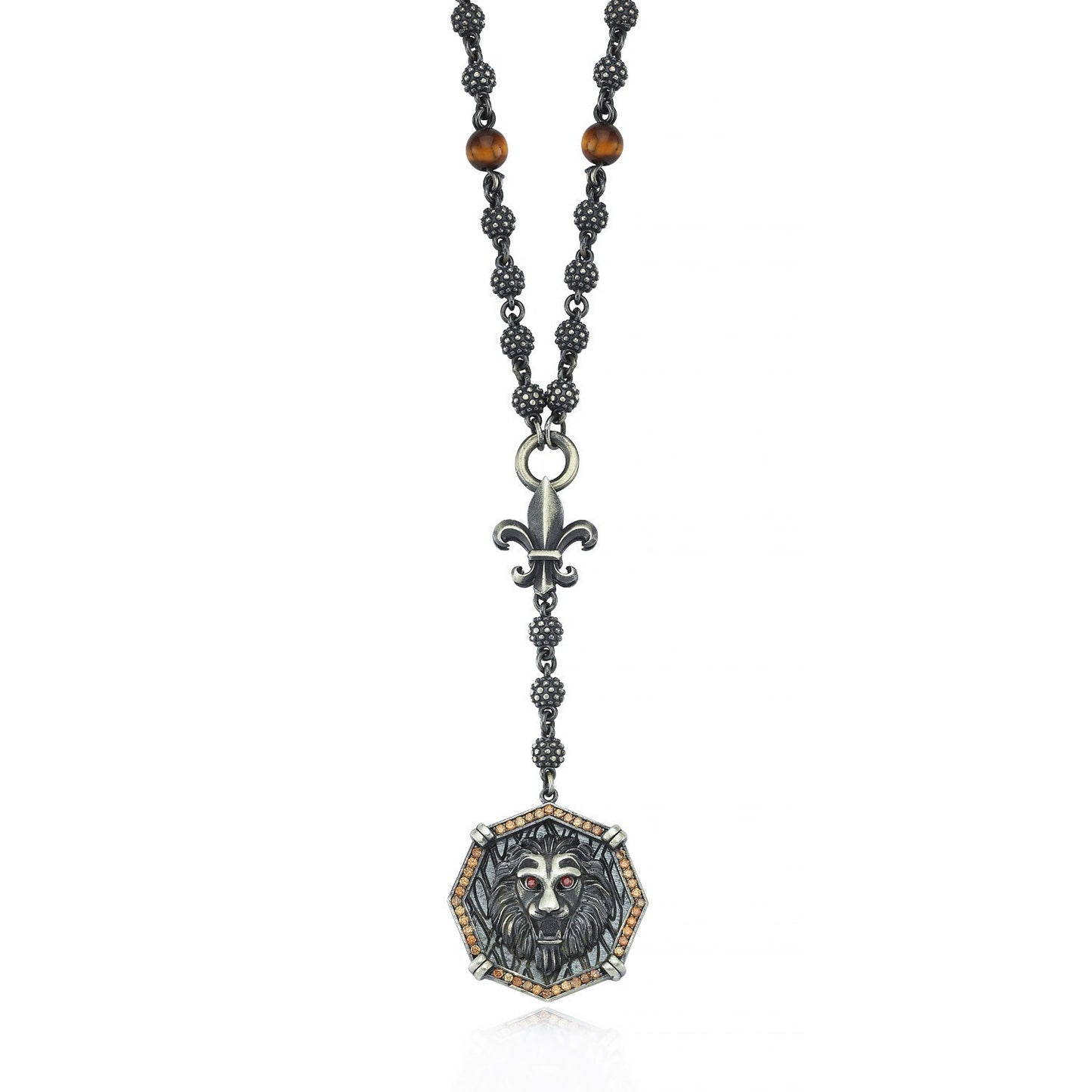 Zyan Gems | Unique Silver Balls & Natural Tiger Eye Beaded Chain Necklace with Lion Head | 925 Sterling Silver Oxidized Pendant with Fleur-de-lis Symbol Jewelry Authenticity and 925