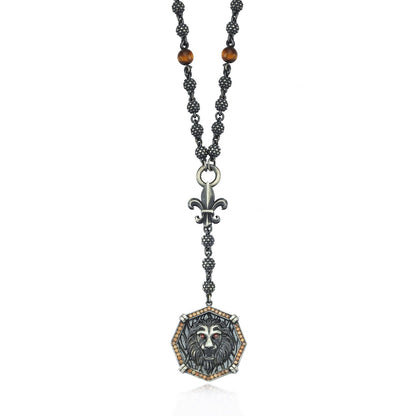 Zyan Gems | Unique Silver Balls & Natural Tiger Eye Beaded Chain Necklace with Lion Head | 925 Sterling Silver Oxidized Pendant with Fleur-de-lis Symbol Jewelry Authenticity and 925