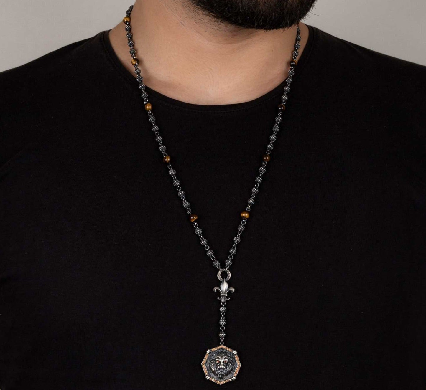 Zyan Gems | Unique Silver Balls & Natural Tiger Eye Beaded Chain Necklace with Lion Head | 925 Sterling Silver Oxidized Pendant with Fleur-de-lis Symbol Jewelry Authenticity and 925