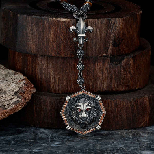 Zyan Gems | Unique Silver Balls & Natural Tiger Eye Beaded Chain Necklace with Lion Head |  Sterling Silver Oxidized Pendant with Fleur-de-lis Symbol