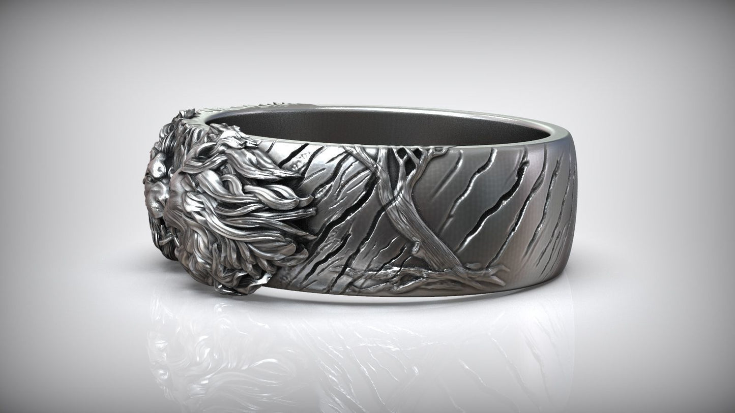 Zyan Gems | Unique Designed Band Ring with Lion |  Sterling Silver Oxidized Ring