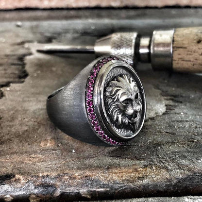 Zyan Gems | Unique Handmade Turkish Style Lion Ring with Zircons |  Sterling Silver Oxidized Ring