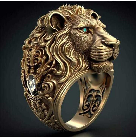 Zyan Gems | Unique Designed 22k Gold Plated 3D Lion face Ring with Blue Eyes |  Sterling Silver Oxidized Ring