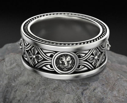 Zyan Gems | Unique Designed Band Ring with Lion |  Sterling Silver Oxidized Ring