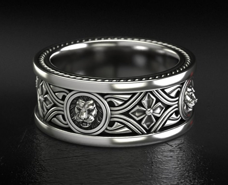 Zyan Gems | Unique Designed Band Ring with Lion |  Sterling Silver Oxidized Ring