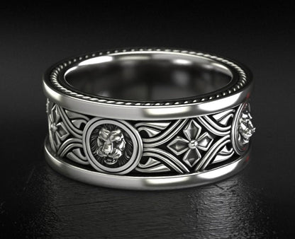 Zyan Gems | Unique Designed Band Ring with Lion |  Sterling Silver Oxidized Ring