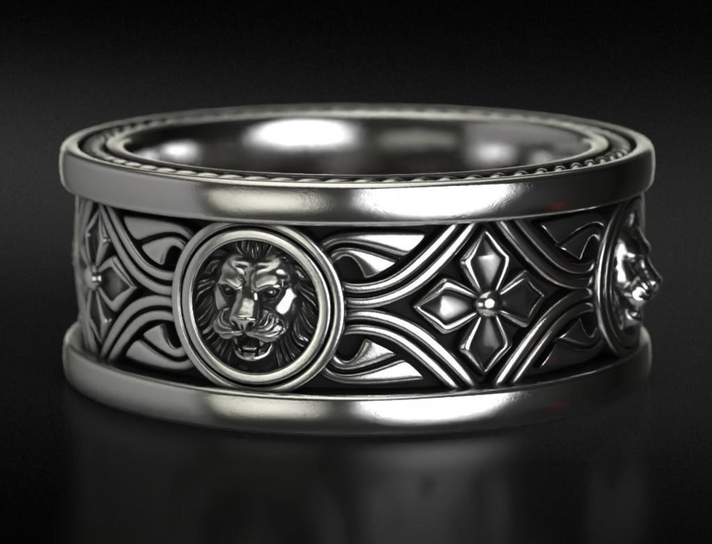 Zyan Gems | Unique Designed Band Ring with Lion |  Sterling Silver Oxidized Ring