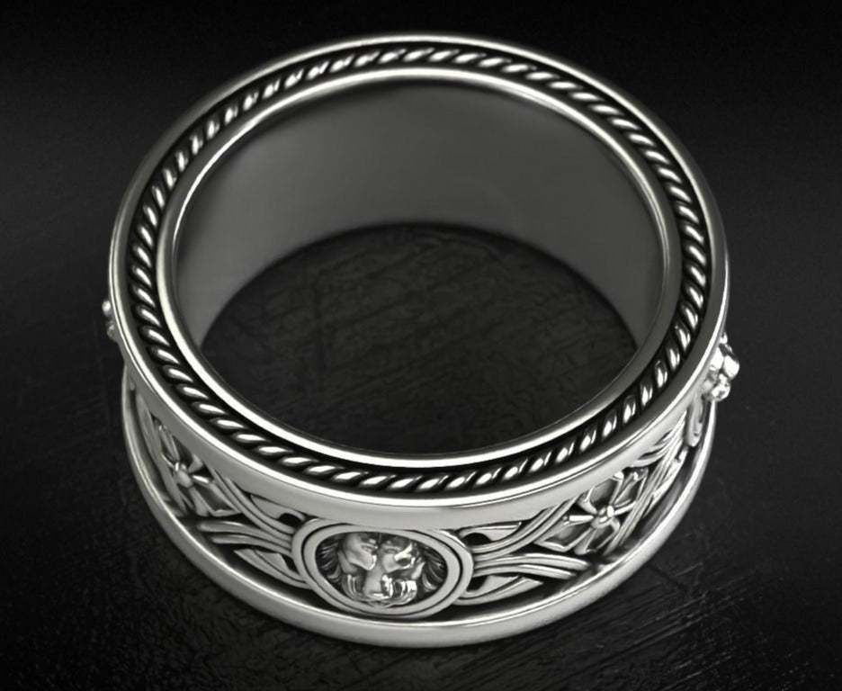 Zyan Gems | Unique Designed Band Ring with Lion |  Sterling Silver Oxidized Ring