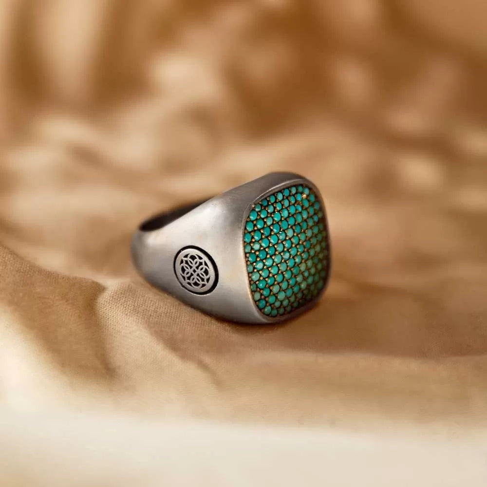 Zyan Gems | Unique Designed Turkish Style Ring with Multiple Natural Turquoise Stone Ring |  Sterling Silver Oxidized Ring
