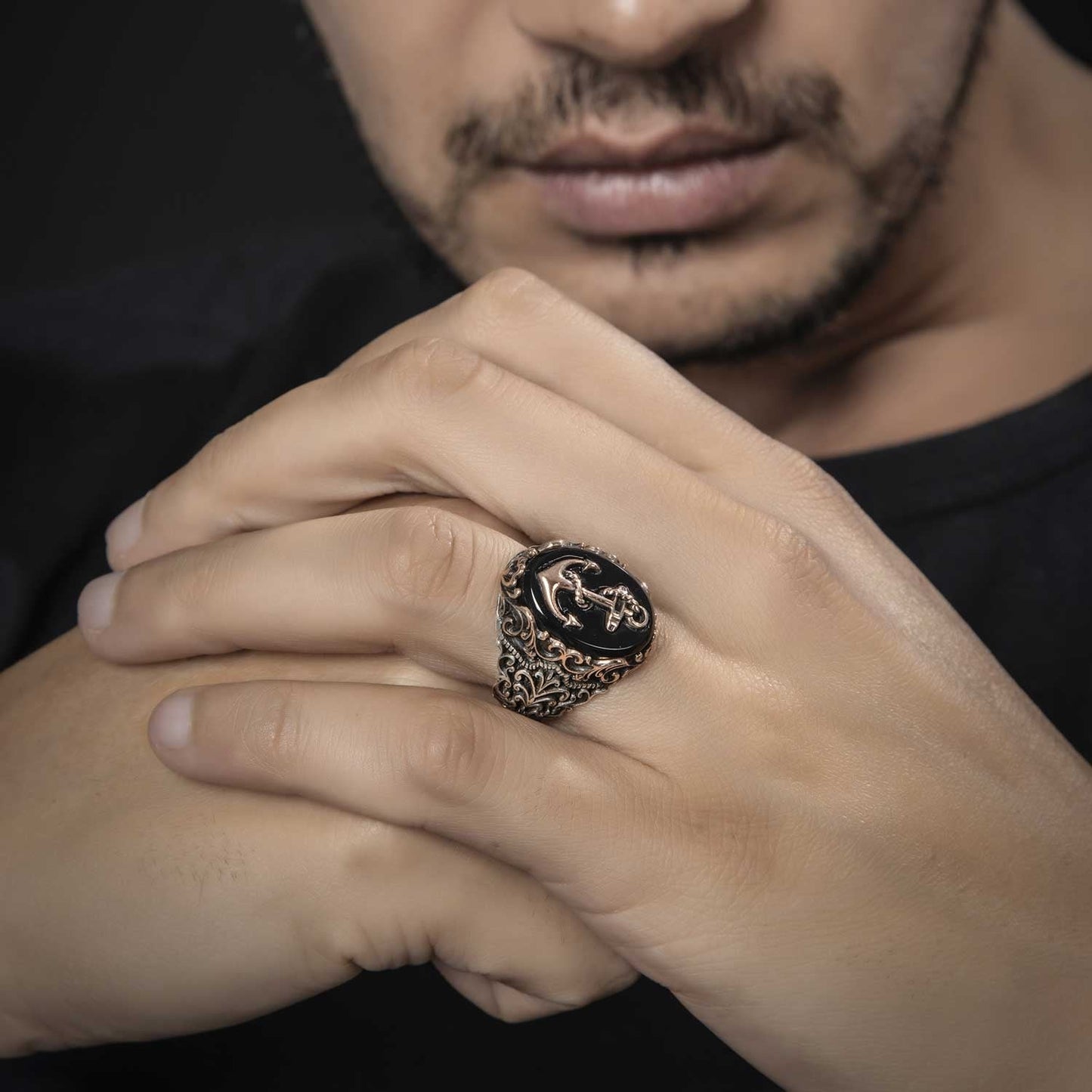 Zyan Gems | Unique Handmade Turkish Style Sailor's Anchor Ring with Natural Black Onyx |  Sterling Silver Oxidized Ring
