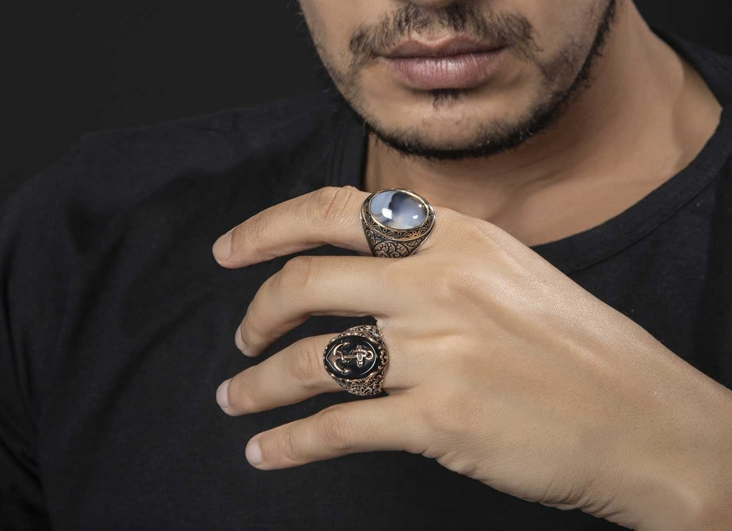 Zyan Gems | Unique Handmade Turkish Style Sailor's Anchor Ring with Natural Black Onyx |  Sterling Silver Oxidized Ring