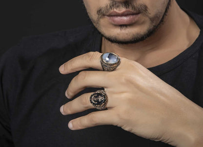 Zyan Gems | Unique Handmade Turkish Style Sailor's Anchor Ring with Natural Black Onyx |  Sterling Silver Oxidized Ring