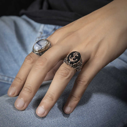 Zyan Gems | Unique Handmade Turkish Style Sailor's Anchor Ring with Natural Black Onyx |  Sterling Silver Oxidized Ring