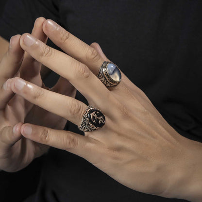 Zyan Gems | Unique Handmade Turkish Style Sailor's Anchor Ring with Natural Black Onyx |  Sterling Silver Oxidized Ring