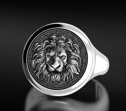 Zyan Gems | Unique Designed Lion Signet Ring |  Sterling Silver Oxidized Ring