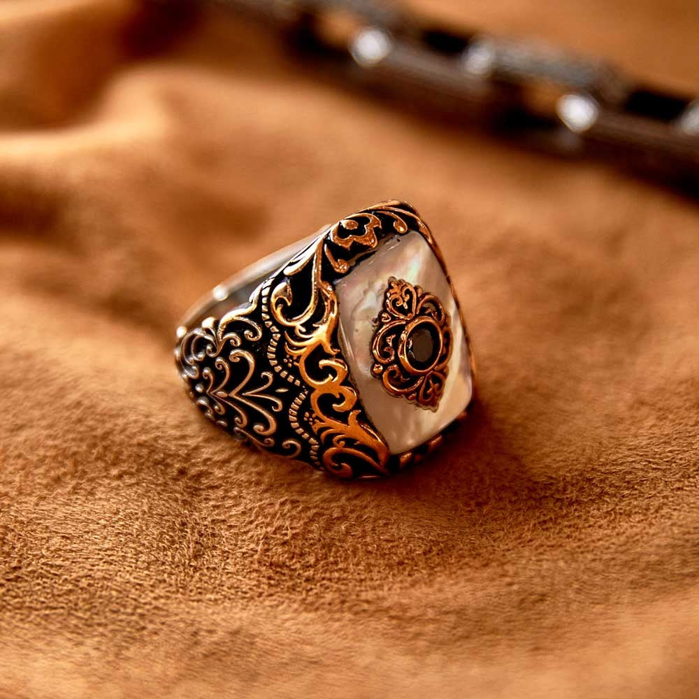 Zyan Gems | Unique Turkish Style Ring with Natural Pearl |  Sterling Silver Oxidized Ring