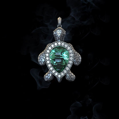Zyan Gems | Unique Designed Turtle Pendant with green onyx stone |  Sterling Silver Oxidized Pendant Authenticity and