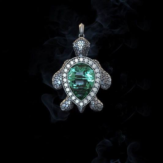 Zyan Gems | Unique Designed Turtle Pendant with green onyx stone |  Sterling Silver Oxidized Pendant Authenticity and