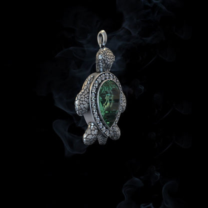 Zyan Gems | Unique Designed Turtle Pendant with green onyx stone |  Sterling Silver Oxidized Pendant Authenticity and