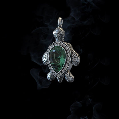 Zyan Gems | Unique Designed Turtle Pendant with green onyx stone |  Sterling Silver Oxidized Pendant Authenticity and