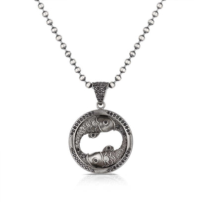 Zyan Gems | Unique Pisces Zodiac Designed Pendant Studded with Black Zircons | Unisex  Sterling Silver Oxidized Pendant