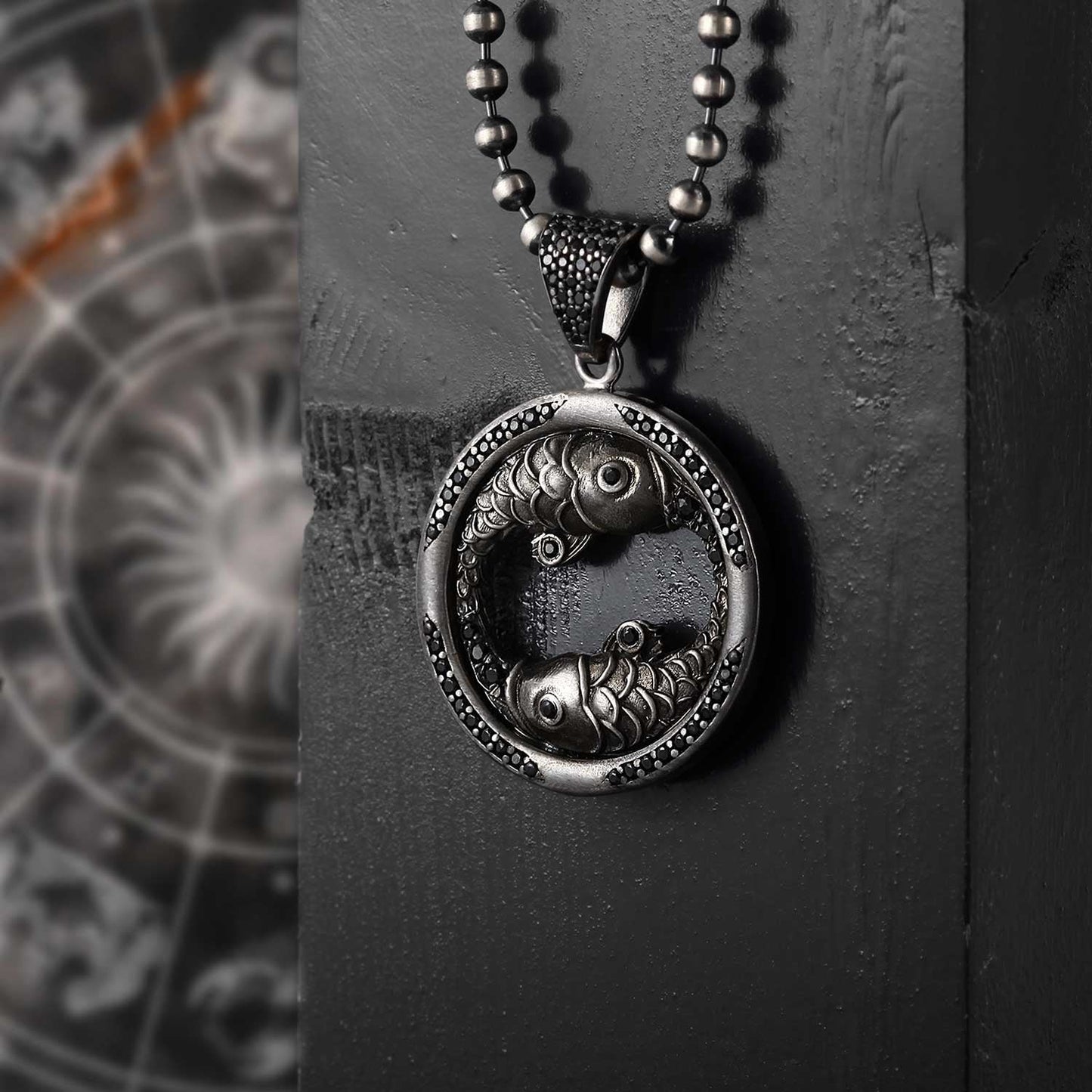 Zyan Gems | Unique Pisces Zodiac Designed Pendant Studded with Black Zircons | Unisex  Sterling Silver Oxidized Pendant