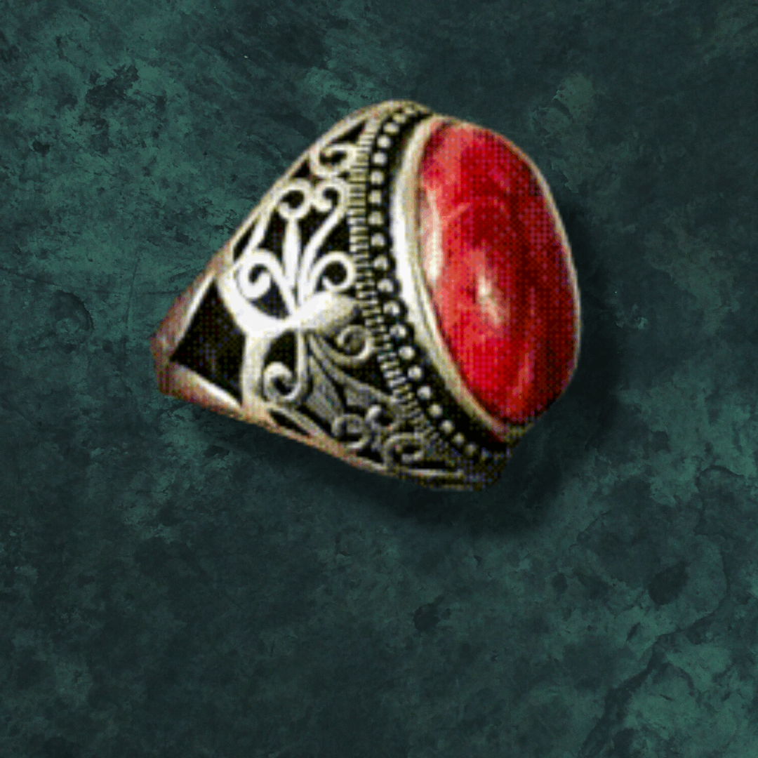 Marjan Turkish Ring, Red Coral Stone Ring, Real Marjan Silve stone Ring for Men