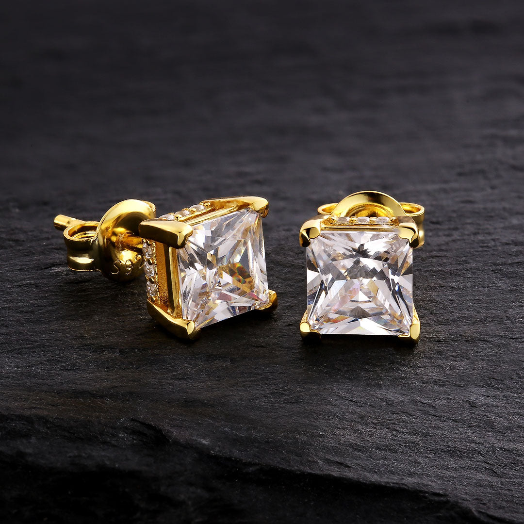 Zyan Gems | Princess Cut Diamond Stud Earrings for Men | AAA+ Quality Swarovski Diamond & White Rhodium &  Gold Plated  Sterling Silver Earrings | Jewellery for Men