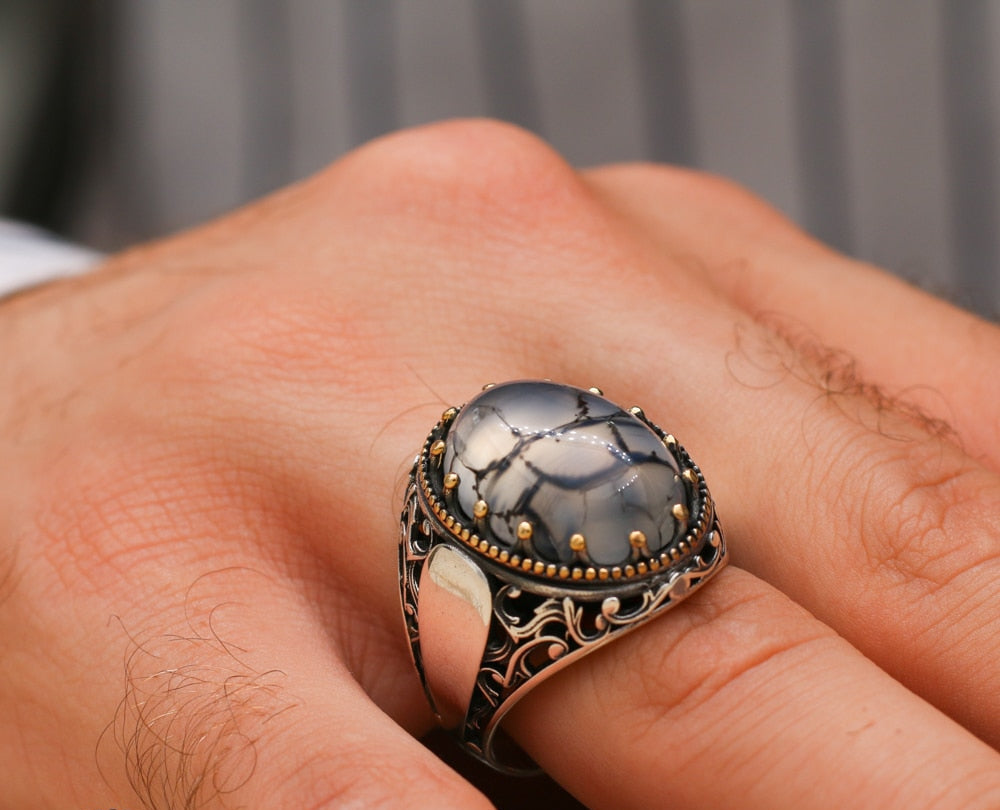 Turkish Handmade Grayish Agate Black Luxury Vintage Aqeeq Ring