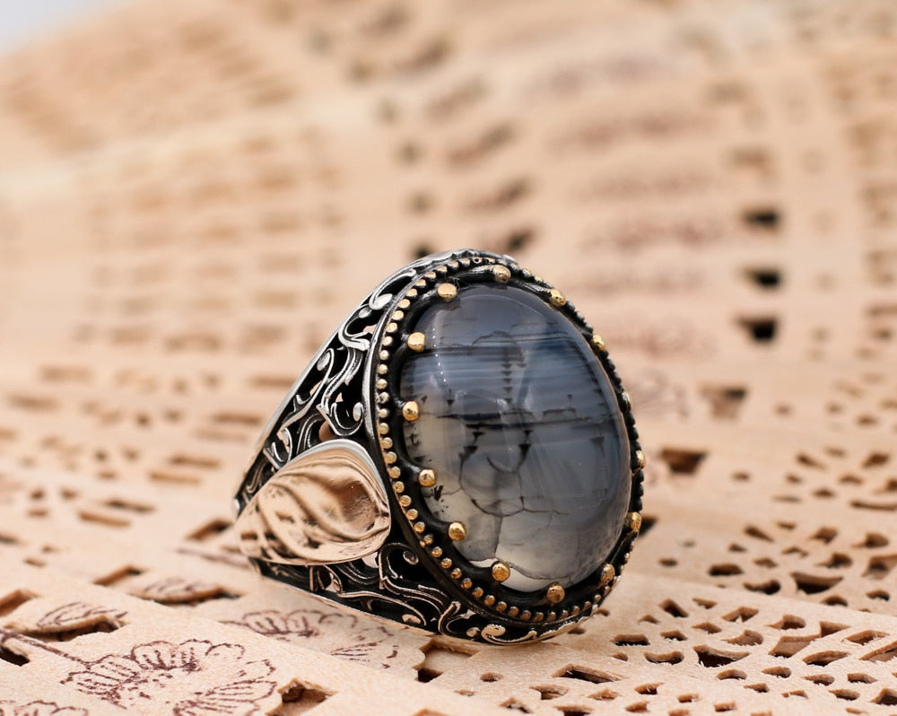 Turkish Handmade Grayish Agate Black Luxury Vintage Aqeeq Ring
