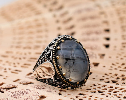 Turkish Handmade Grayish Agate Black Luxury Vintage Aqeeq Ring