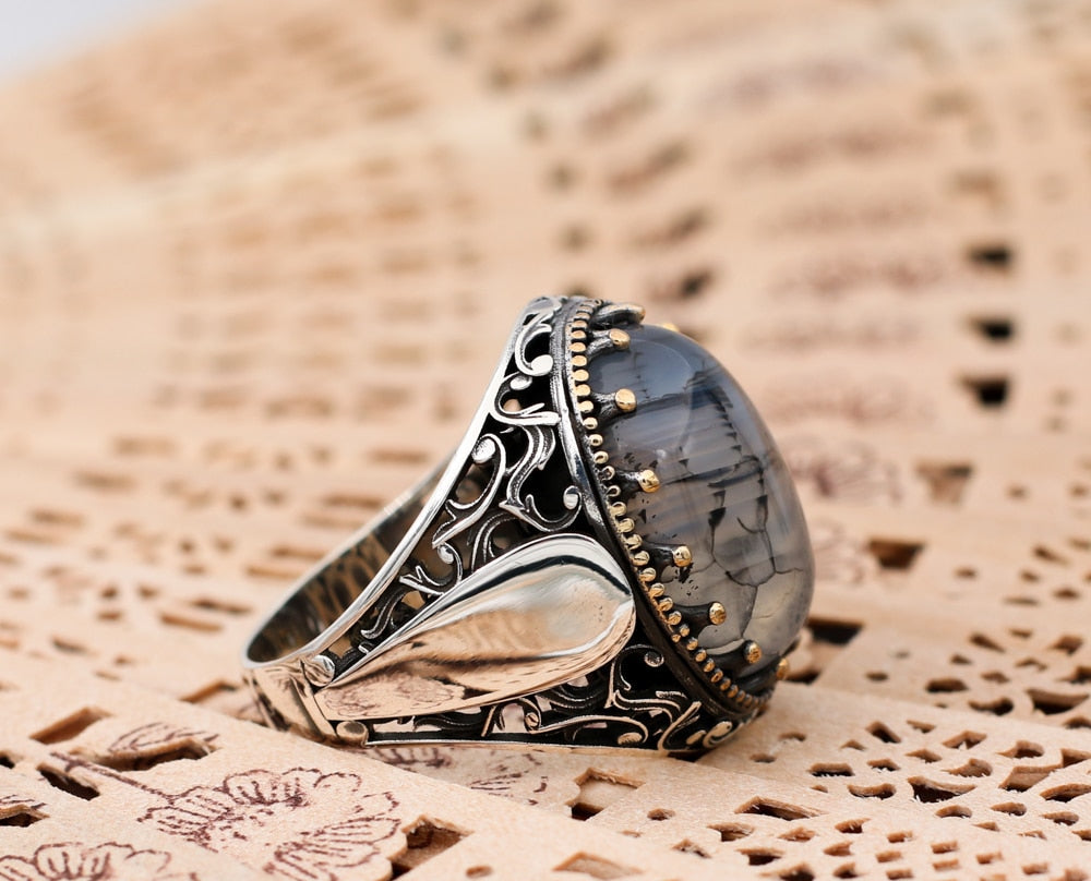 Turkish Handmade Grayish Agate Black Luxury Vintage Aqeeq Ring