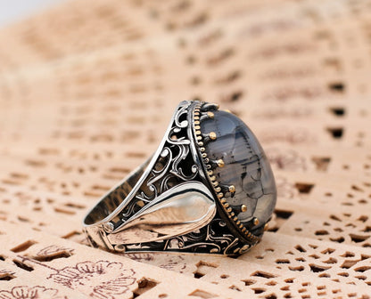 Turkish Handmade Grayish Agate Black Luxury Vintage Aqeeq Ring