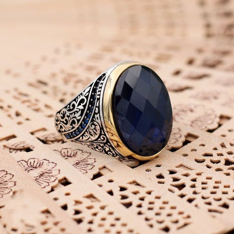 Turkish Handmade Royal Blue ish Agate Golden Luxury Aqeeq Ring