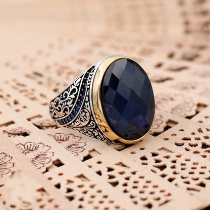 Turkish Handmade Royal Blue ish Agate Golden Luxury Aqeeq Ring