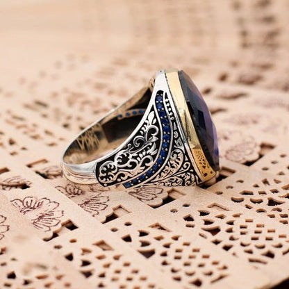 Turkish Handmade Royal Blue ish Agate Golden Luxury Aqeeq Ring